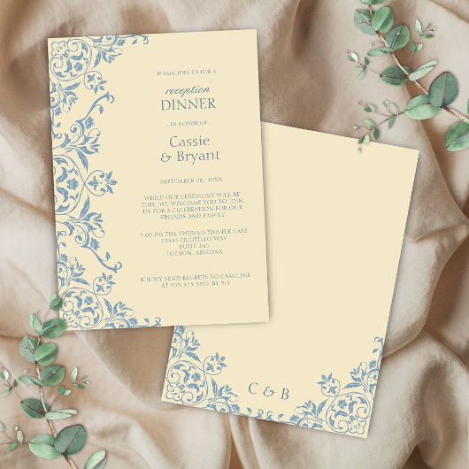 Chique gele vintage trouwreceptie diner kaart