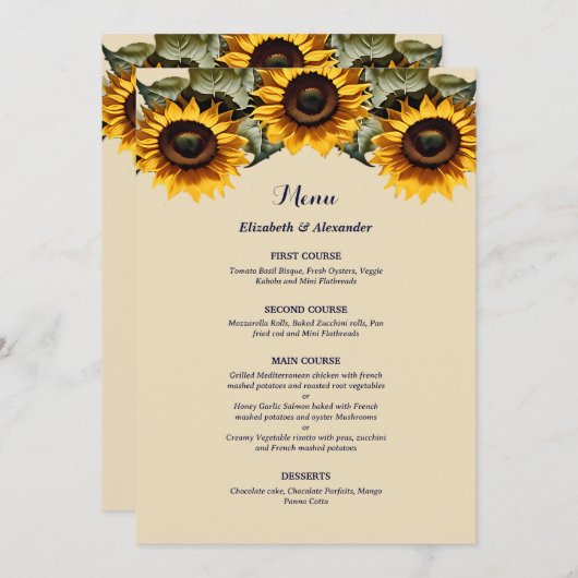 chique gele zonnebloemen bruiloft menu (Voorkant / Achterkant)