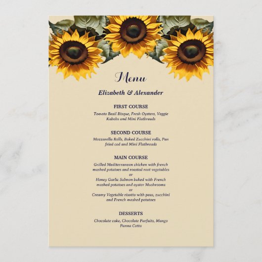  chique gele zonnebloemen bruiloft menu (Voorkant)