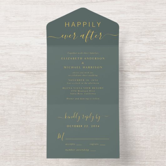 Chique gelukkig ooit na Sage Groene Bruiloft All In One Uitnodiging (Binnenkant)