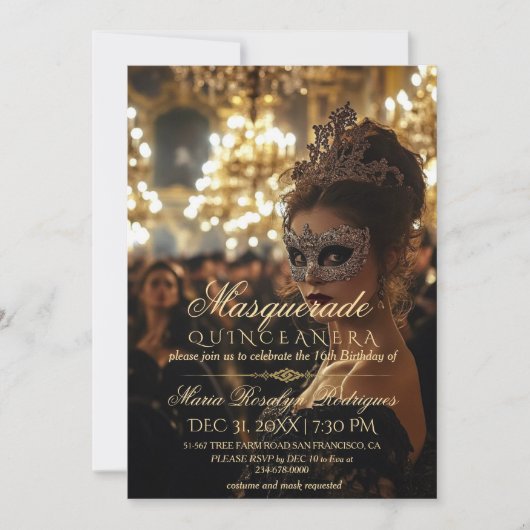 Chique gemaskerde gouden Quinceanera-foto Kaart (Voorkant)