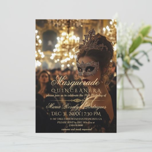 Chique gemaskerde gouden Quinceanera-foto Kaart (Staand voorkant)
