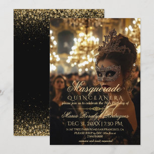 Chique gemaskerde gouden Quinceanera-foto Kaart