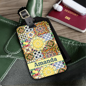 Chique geometrische mediterrane oranje tegels mono bagagelabel