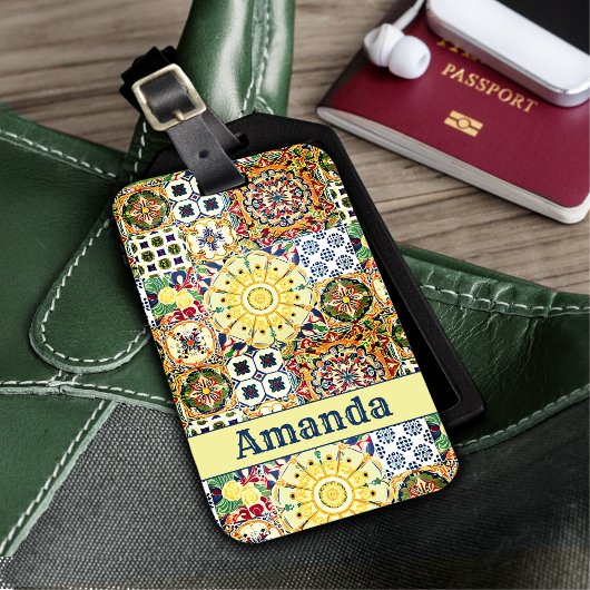 Chique geometrische mediterrane oranje tegels mono bagagelabel