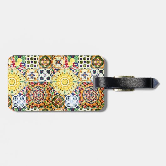Chique geometrische mediterrane oranje tegels mono bagagelabel (Achterkant horizontaal)