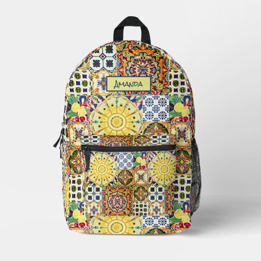 Chique geometrische mediterrane oranje tegels mono bedrukte rugzak (Voorkant)