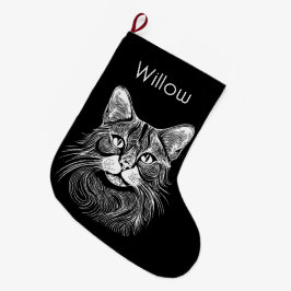Chique gepersonaliseerd handgetekend zwart&wit kat grote kerstsok