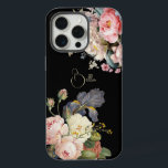Chique  Gepersonaliseerde Rozen & Iris iPhone 15 Pro Max Case<br><div class="desc">Mooie,  tijdloze en elegante sprays van artistieke roze en witte rozen,  pioenen en paarse bebaarde iris met delicate loof. Bevat een bewerkbaar tekstveld voor uw personalisatie en de achtergrondkleur kan worden aangepast.</div>