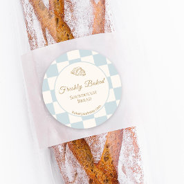 Chique geruite blauwe halvemaan bakkerijproduct ronde sticker