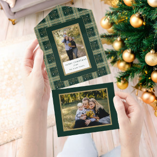 Chique, gestileerde groen/gouden kerst geruite fot all in one uitnodiging
