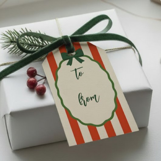 Chique gestreepte rode en groene retro vrolijk ker cadeaulabel