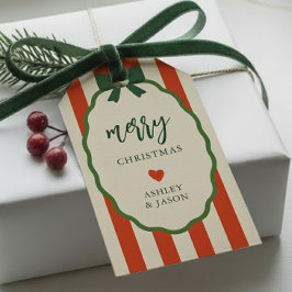 Chique gestreepte rode en groene retro vrolijk ker cadeaulabel