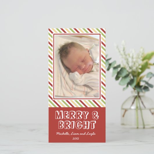 Chique gestreepte vrolijke kerst familie foto feestdagenkaart (Staand voorkant)