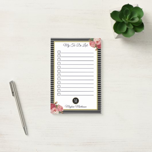Chique gestreepte zwart bloemenmonogram te doen li post-it® notes (Kantoor)