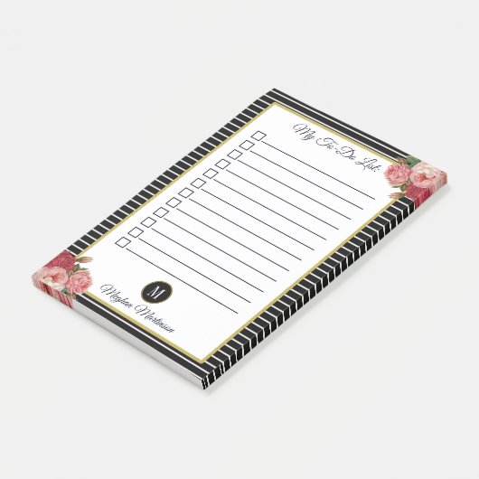 Chique gestreepte zwart bloemenmonogram te doen li post-it® notes (Schuin)