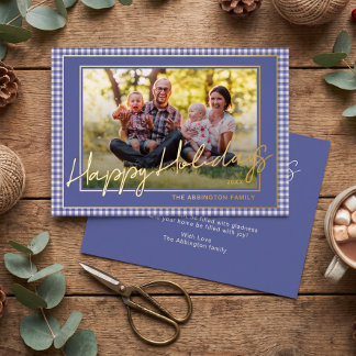 Chique Gingham Goud Folie Prettig Kerst Familie Fo Feestdagenkaart