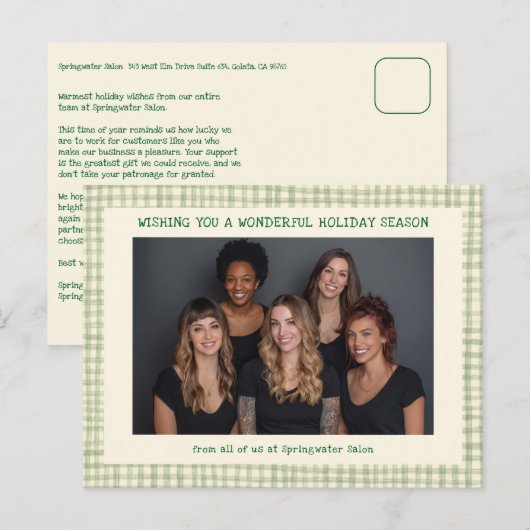 Chique Gingham Groen Kerstmis Zakelijk Feestdagenkaart (Voorkant / Achterkant)