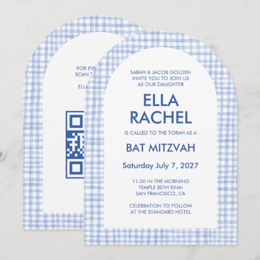 Chique Gingham Moderne Aangepaste QR Bar/Bat Mitzv Kaart (Voorkant / Achterkant)