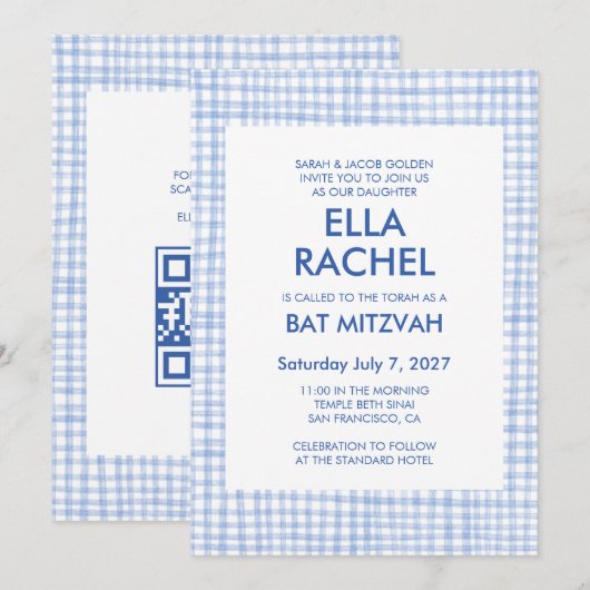 Chique Gingham Moderne Aangepaste QR CODE Bat Bar Kaart (Voorkant / Achterkant)