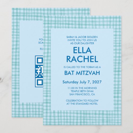 Chique Gingham Moderne Aangepaste QR CODE Bat Bar Kaart (Voorkant / Achterkant)