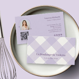 Chique Gingham Paarse Bakkerij QR-foto Visitekaartje