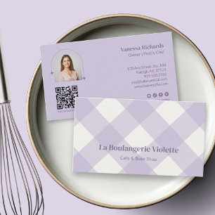 Chique Gingham Paarse Bakkerij QR-foto  Visitekaartje