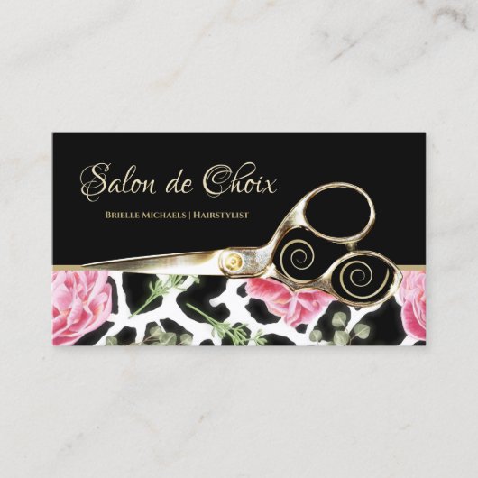 Chique Giraffe Print Roze Bloemen Gouden Schaar Sa Visitekaartje (Voorkant)