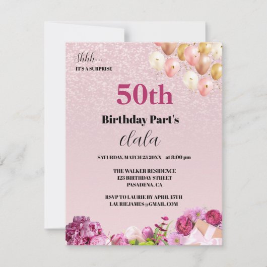 Chique Girly 50e Verrassingsfeestje Uitnodiging (Voorkant)