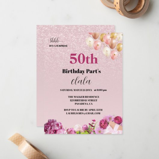 Chique Girly 50e Verrassingsfeestje Uitnodiging (Voorkant / Achterkant in situ)