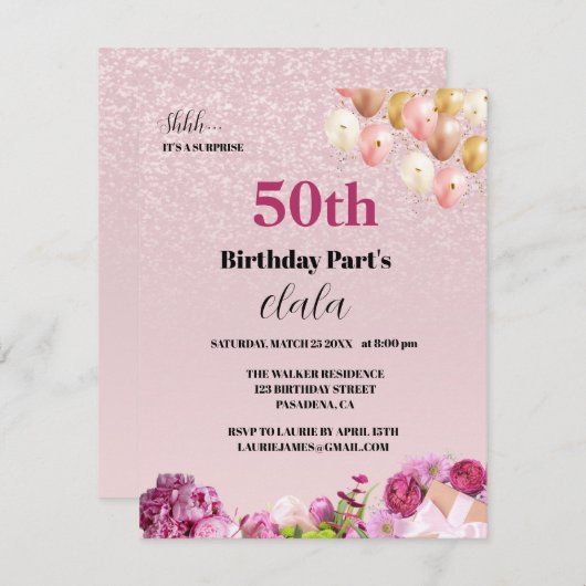 Chique Girly 50e Verrassingsfeestje Uitnodiging (Voorkant / Achterkant)