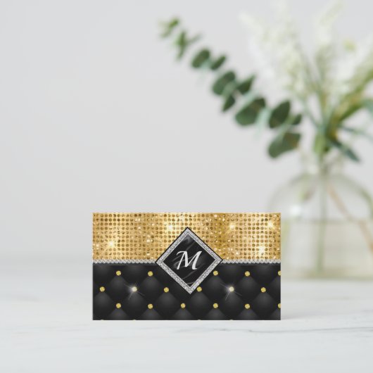 Chique girly faux glitter goud zwart monogram afsprakenkaartje (Staand voorkant)