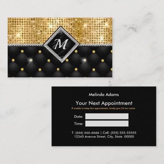 Chique girly faux glitter goud zwart monogram afsprakenkaartje (Voorkant / Achterkant)