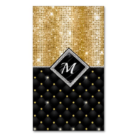 Chique girly faux glitter goud zwart monogram magnetisch visitekaartje (Voorkant Verticaal)
