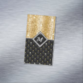 Chique girly faux glitter goud zwart monogram magnetisch visitekaartje (Voorbeeld)