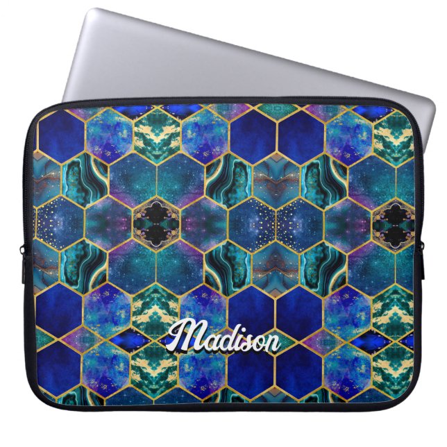 Chique girly faux Glitter Turquoise blauw geometri Laptop Sleeve (Voorkant)