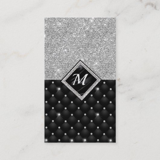 Chique girly faux glitter zilver zwart monogram visitekaartje (Voorkant)