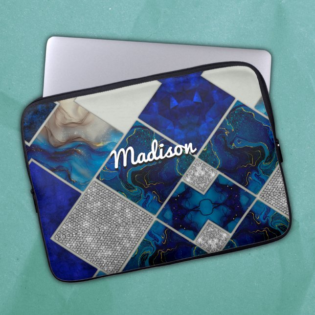 Chique girly faux Glitter zilveren blauw geometris Laptop Sleeve (Creator heeft geüpload)