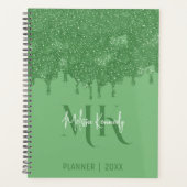 Chique Girly Groene Glitter Drips Monogram Met Naa Planner (Voorkant)