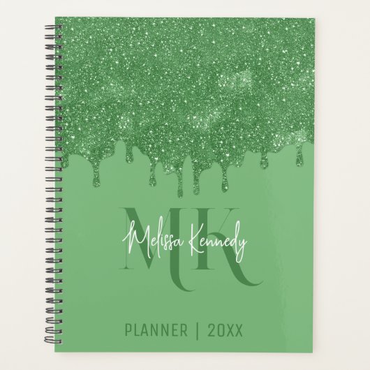 Chique Girly Groene Glitter Drips Monogram Met Naa Planner (Voorkant)