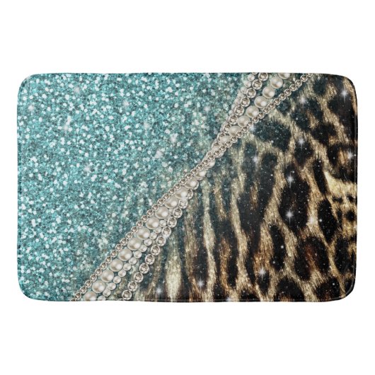 Chique Girly Leopard Print Blauw Glitter Badmat (Voorkant)