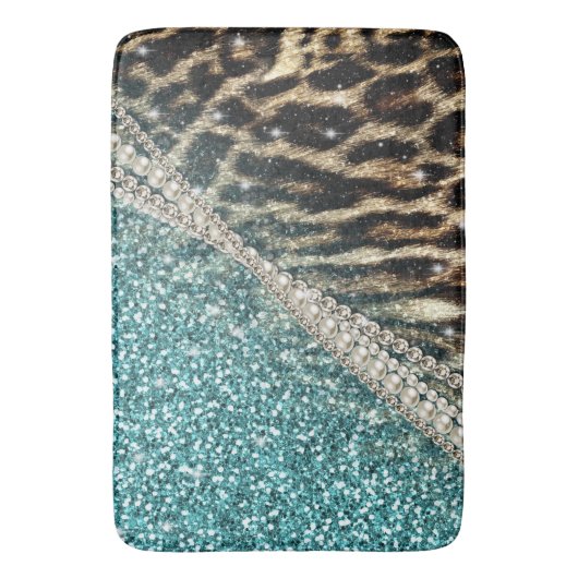 Chique Girly Leopard Print Blauw Glitter Badmat (Voorkant Verticaal)