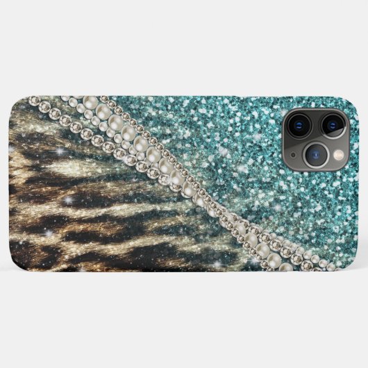 Chique Girly Leopard Print Blauw Glitter Case-Mate iPhone Case (Achterkant (horizontaal))