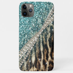 Chique Girly Leopard Print Blauw Glitter Case-Mate iPhone Case