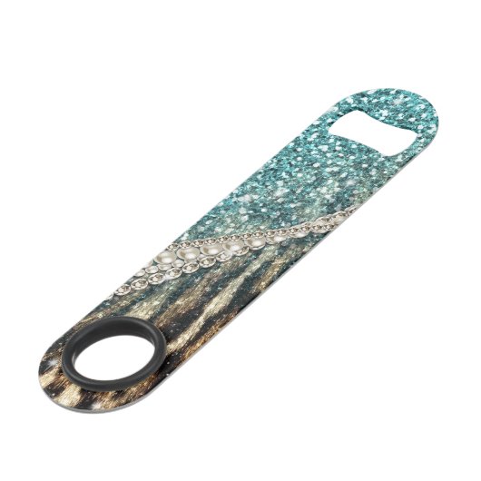 Chique Girly Leopard Print Blauw Glitter Speed Flessenopener (Voorkant Gekanteld)