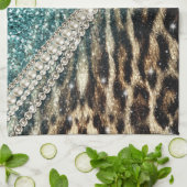 Chique Girly Leopard Print Blauw Glitter Theedoek (Gevouwen)