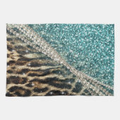Chique Girly Leopard Print Blauw Glitter Theedoek (Horizontaal)