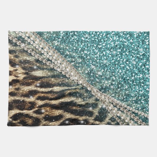Chique Girly Leopard Print Blauw Glitter Theedoek (Horizontaal)