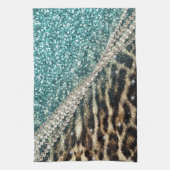 Chique Girly Leopard Print Blauw Glitter Theedoek (Verticaal)