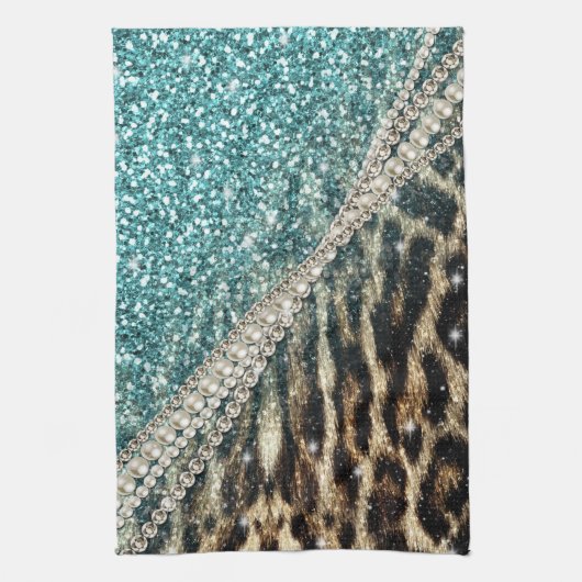 Chique Girly Leopard Print Blauw Glitter Theedoek (Verticaal)